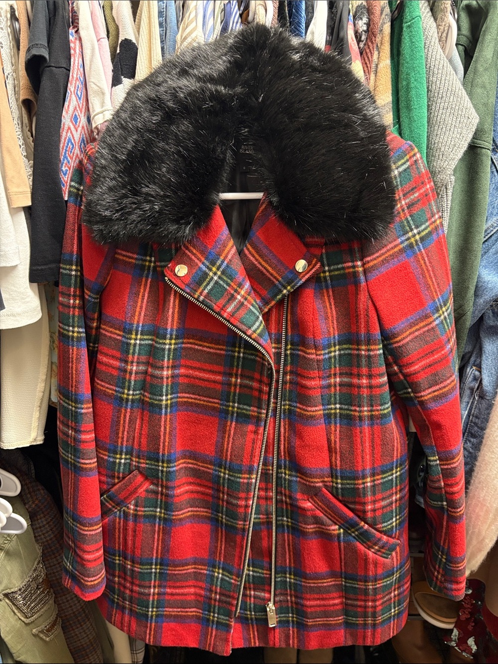 River Island Red Tartan Pea Coat with Black Faux Fur Collar